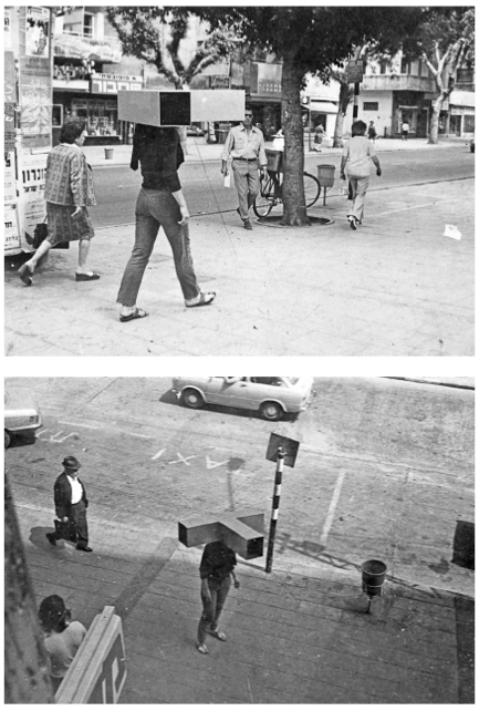 Head Sculpture, May 1973 (the morning
after the military parade in Jerusalem)
Performance, as photographed at the
corner of Frishman & Dizengoff streets, Tel Aviv. Photo: Yair Garbuz