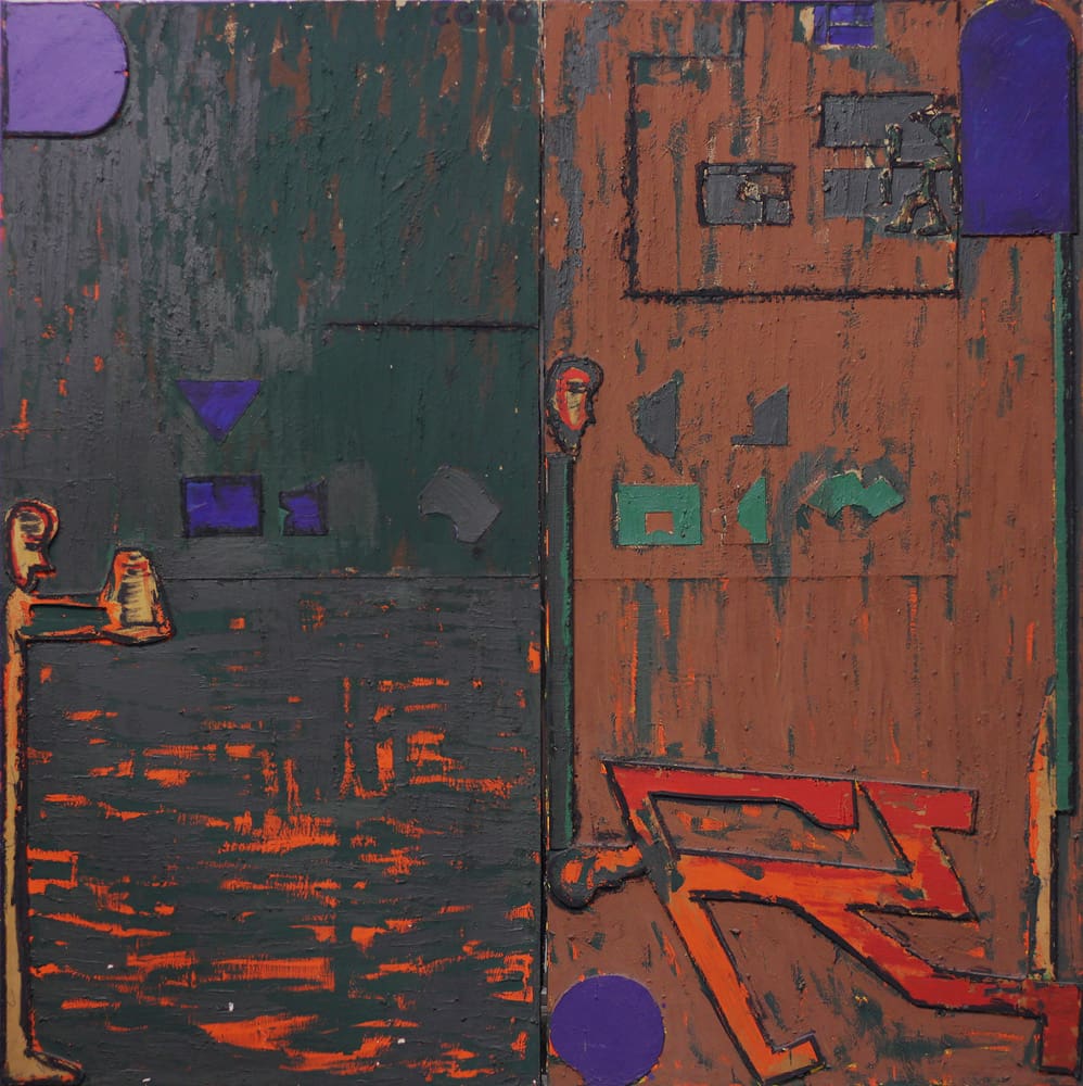 Figure-Form-Formula, 1990, acrylic and wood cutouts on canvas, 200x200 cm
