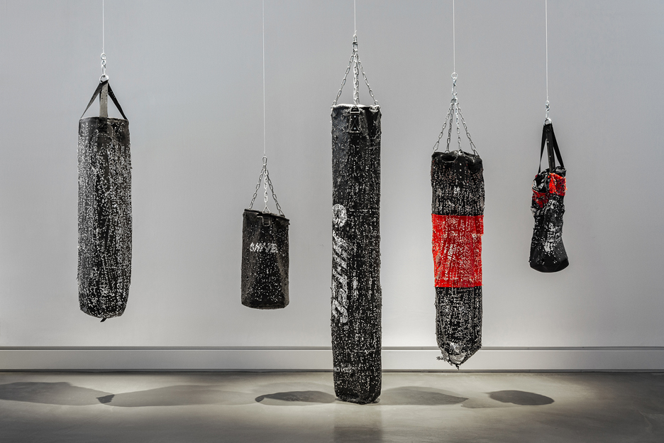 Dinner with the Verners, 1989, 2019, boxing bags, wires, variable dimensions