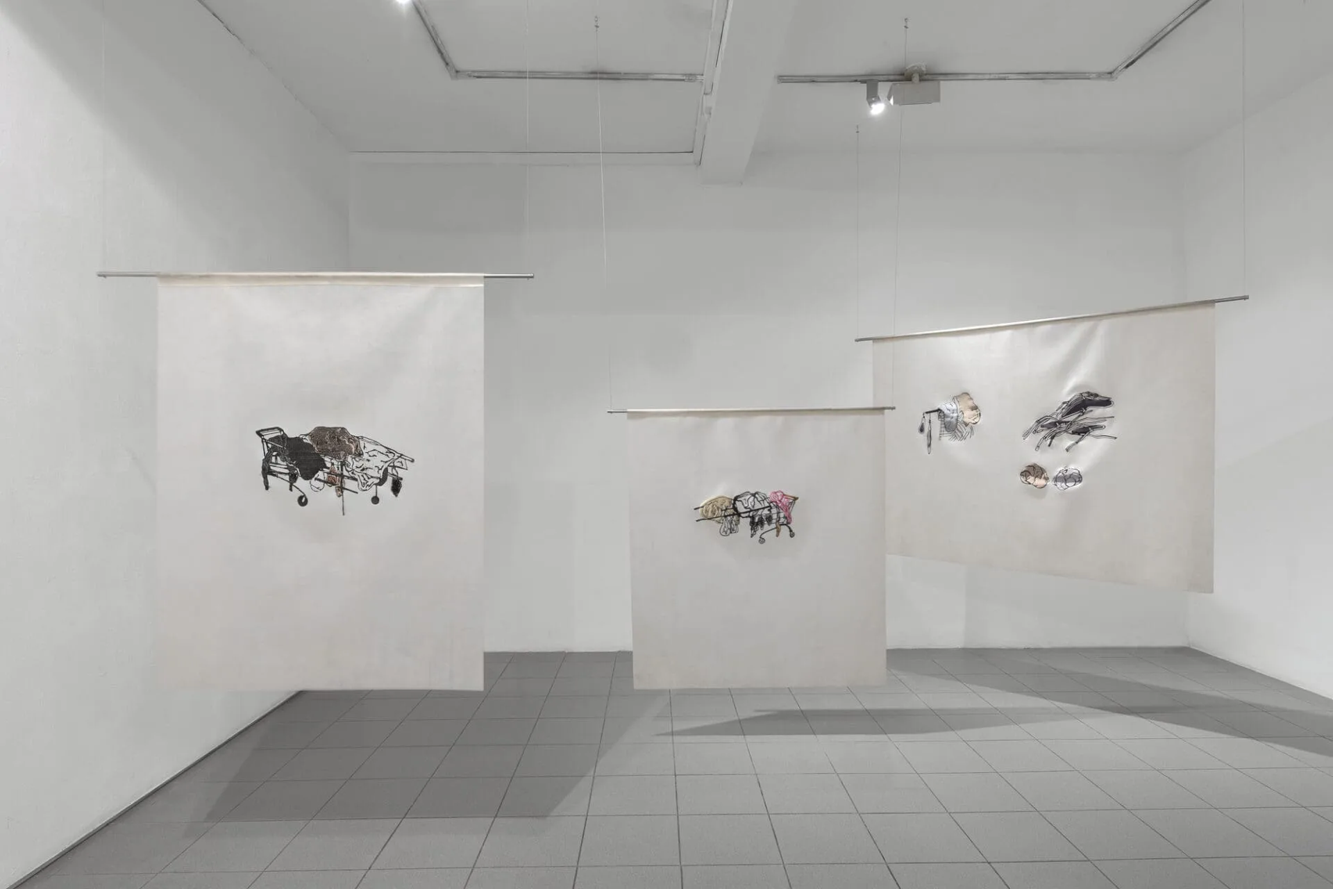Untitled, 2019-2020, industrial embroidery on silicone, metal, steel cable